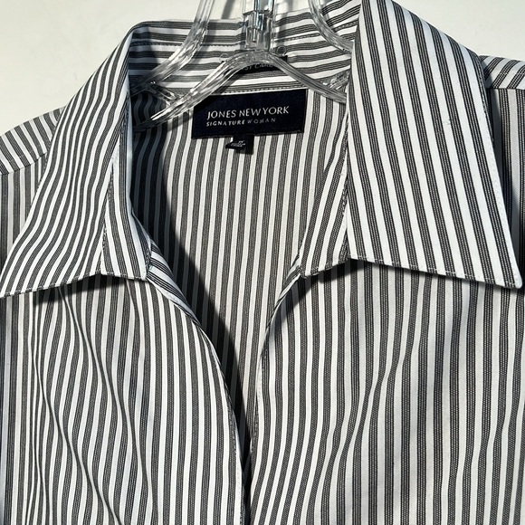 JONES NEW YORK BLK/WHT Pinstripe Long SLV Button Down 100% Cotton Career Top 1X - Picture 2 of 16